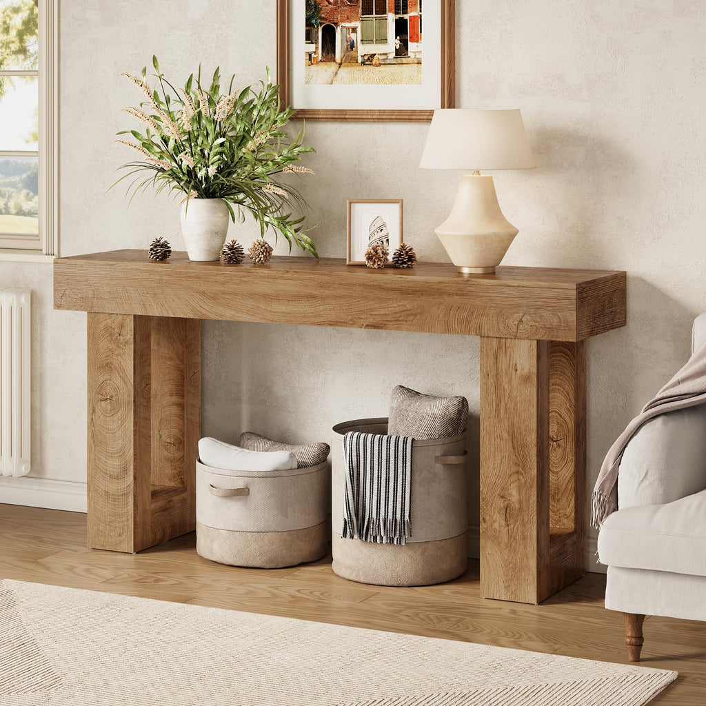 63 Inches Oak Color Wooden Console Table E957