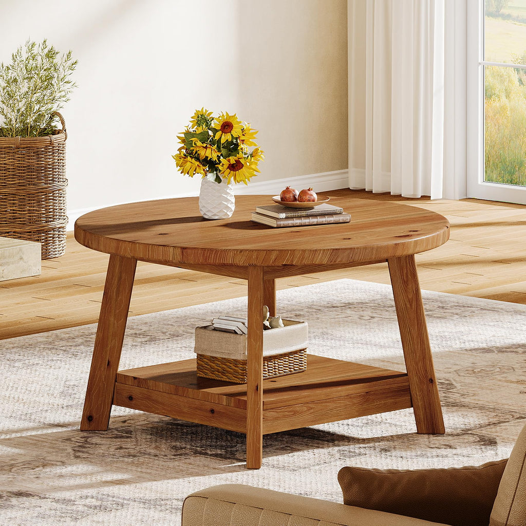 Solid Wood Round 2-Tier Coffee Table with Storage Shelf E5553