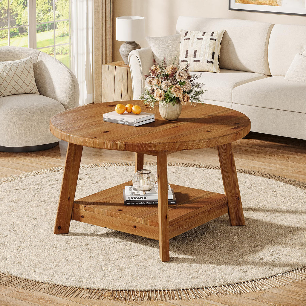 Solid Wood Round 2-Tier Coffee Table with Storage Shelf E5553