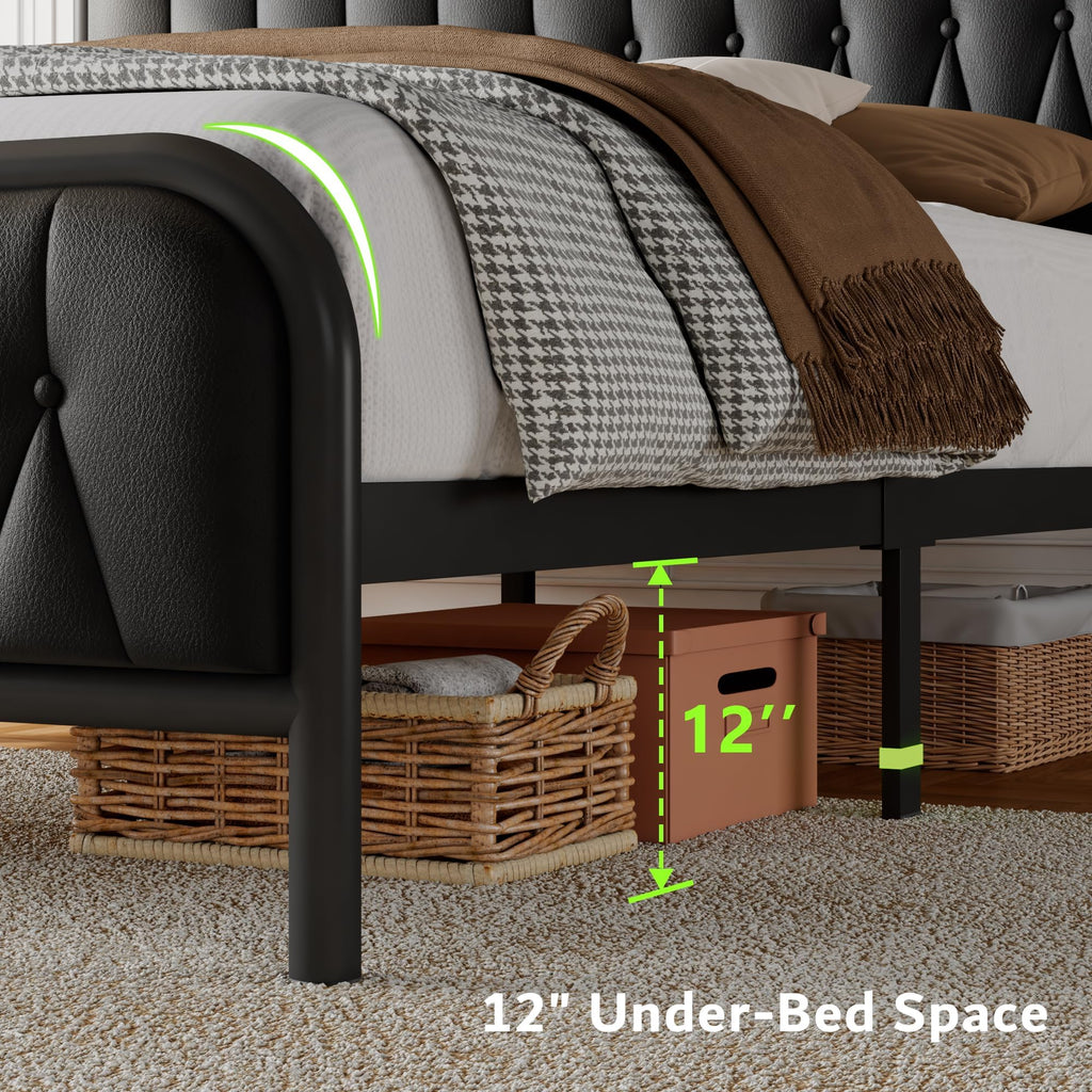 Black Leather Full Size Bed Frame with Charging Station L7627
