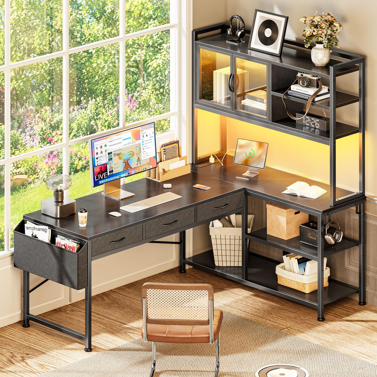 57.5 Inch L Shaped Gaming Desk with Power Outlets V2865