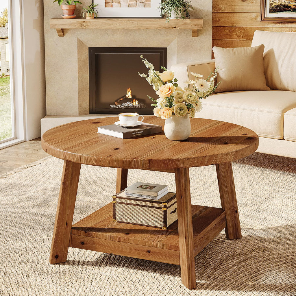 Solid Wood Round 2-Tier Coffee Table with Storage Shelf E5553