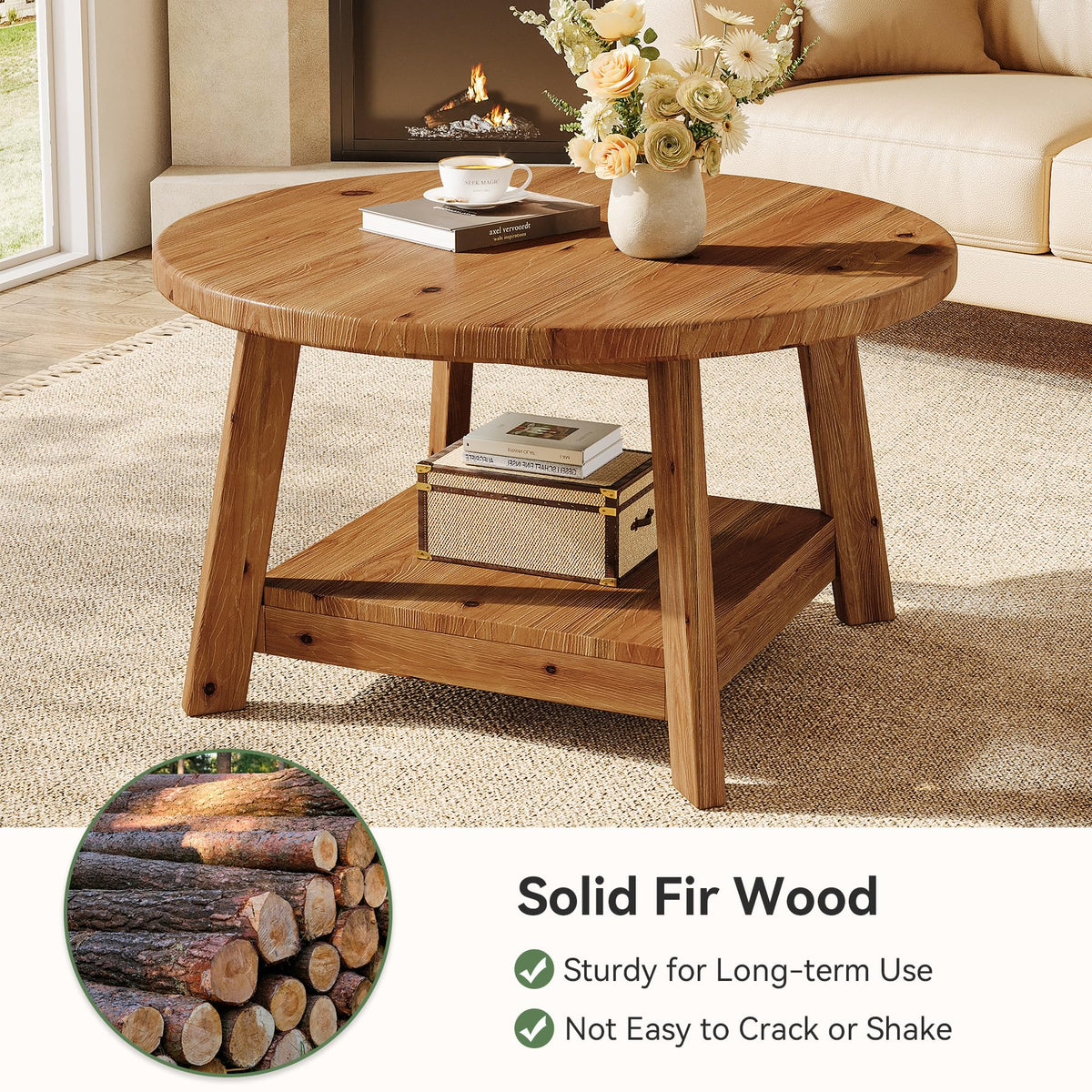 Solid Wood Round 2-Tier Coffee Table with Storage Shelf E5553
