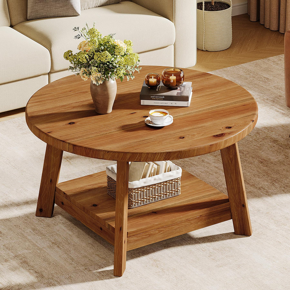 Solid Wood Round 2-Tier Coffee Table with Storage Shelf E5553